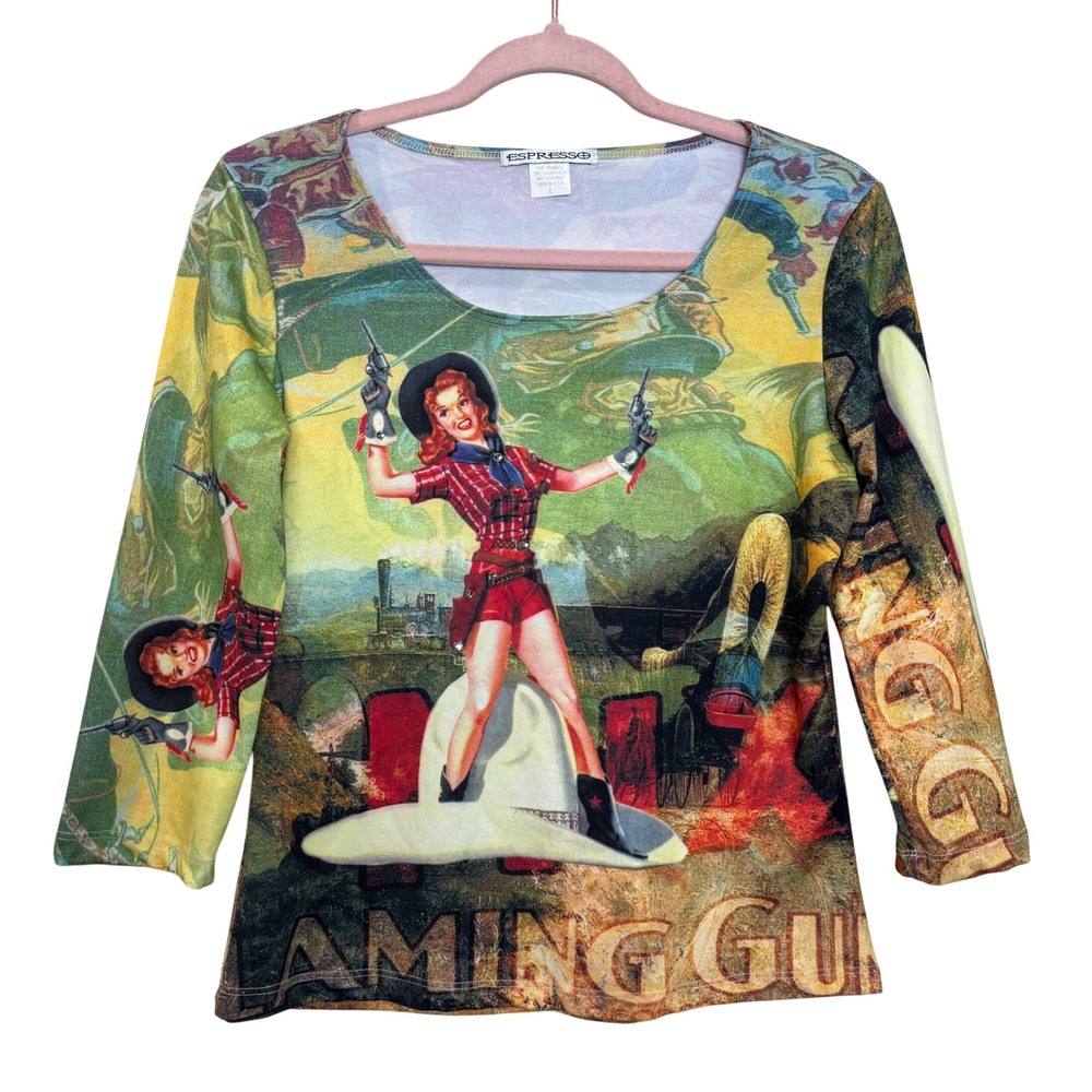 Espresso Novelty Cowgirl Western‎ Pin Up Graphic Print Top 3/4 Sleeve Large L